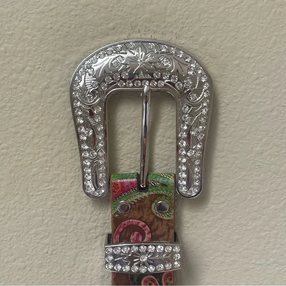 Noona Belt Co. Genuine leather bling rhinestones embroidery belt size S brown
